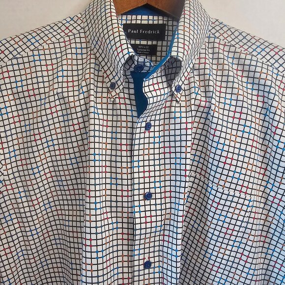 Paul Frederick Non-Iron Cotton Check Dress Shirt With Contrast Trim 16.5/32 - Picture 1 of 6